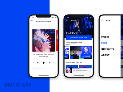 Music application Concept app black blue brand branding design flat ios minimal mobile music music app music app ui player spotify typography ui ux