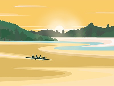 Rowing summer drawing flat graphic illustrate illustration illustrator lake rower ship sun vector water