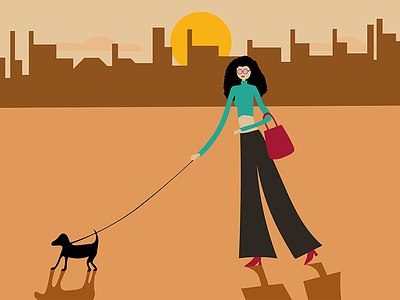 Sunset walk dog illustration illustrator person sunset town vector walk woman