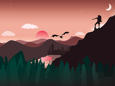 Magic mountains castle digital dragon fairytale hiking illustration illustroator mountains sunset vector