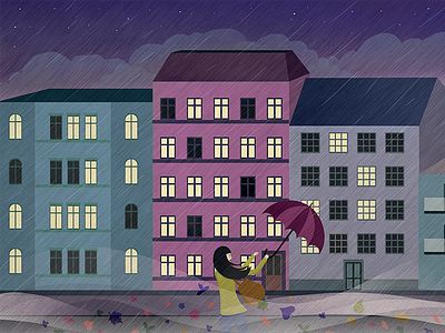 Autumn Evening autumn city girl illustration illustrator rainy scene street vector weather windy
