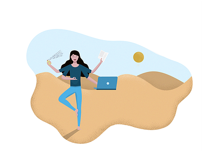 Multitasking character concept flat girl graphic illustration multitasking nature sand sun vector woman
