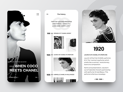 Coco Chanel Inspired Mobile App UI Design app art beauty black and white branding chanel design fashion gallery mobile monochrom product timeline ui website