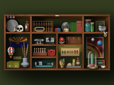 Pure CSS collector’s cabinet apothecary code collection css curiosities html illustration shelves skull still life