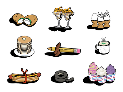 The Food Place illustrations churro dog clam chowder eggs food frozen yogurt icons illustration jalapeño poppers pancakes shrimp the good place