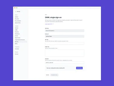 SSO config accounting configuration payroll product design security sso template ui ux web