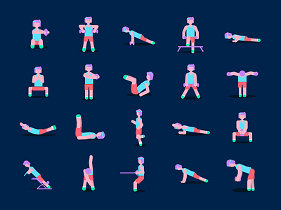 Icons for a Fitness App adobe illustrator exercises fitness getfit great shape gym illustration muscles pump pushups squat workout