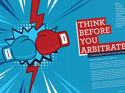 Arbitration Law Article - ACC Docket September boxing comic book contract magazine poster style typography vs