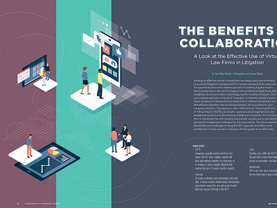 ACC Docket May Feature, Virtual Law Firms - 2019 article business design feature illustration lawyer magazine spread typography vector