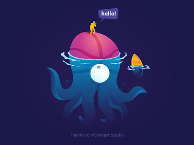 Hello Dribbble! 7pm design dribbble hello illustration invitation island octopus shipwrecked survival
