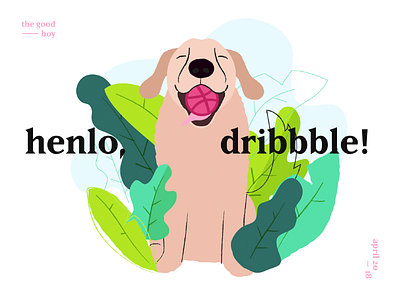 Henlo Dribbble! ball dog doggo first shot golden retriever happy hello leaves tropical