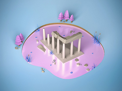 Ruins aesthetic ancient ancient greece art blue greek low poly minimalist pink pond ruins temple