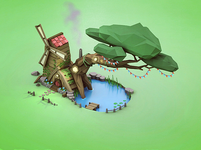 Tree House 3d cute fantasy house illustration low poly paradise pond tree windmill
