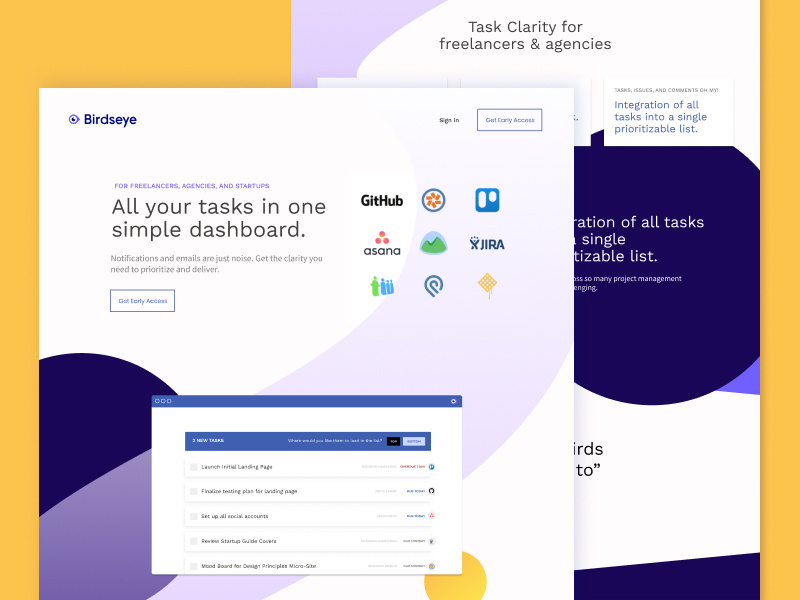 Birdseye Marketing Site task management saas startups development website