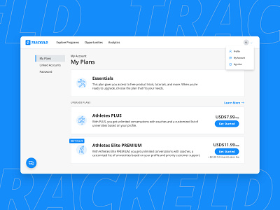 Trackeld - Account Dashboard plans pricing product ui