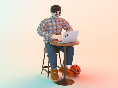 Working in the coffee shop 3d 3d modeling basketball c4d character character design cinema 4d coffee shop computer illustration jeans plaid shirt working