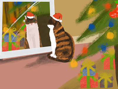 I see you cat illustrations merry christmas mirror