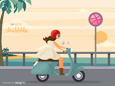 Hello Dribbble!! bike dribbble driving first hello illustration message shot thank you