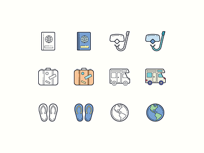 Hand Drawn icons: Traveling camper van design digital art flip flops graphic design icon icon set icons icons8 luggage outline passport snorkeling travel agency travel app travel blog travel website traveling ui vector