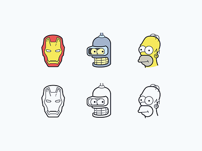 Hand Drawn icons: Characters bender character icons characters color design digital art free free icons graphic design homer simpson icon icon set icons icons8 iron man outline robot the simpsons ui vector