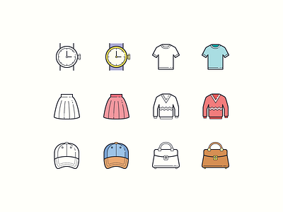 Hand Drawn icons: Clothing bag cap clothing design digital art graphic design icon icon set icons icons8 online shopping online store outline pullover skirt sweater t shirt ui vector watches
