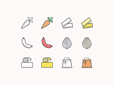 Hand Drawn icons: Food butter carrot design digital art flour food app fooddelivery graphic design icon icon set icons icons8 lasagna onion order food outline restaurant sausage ui vector