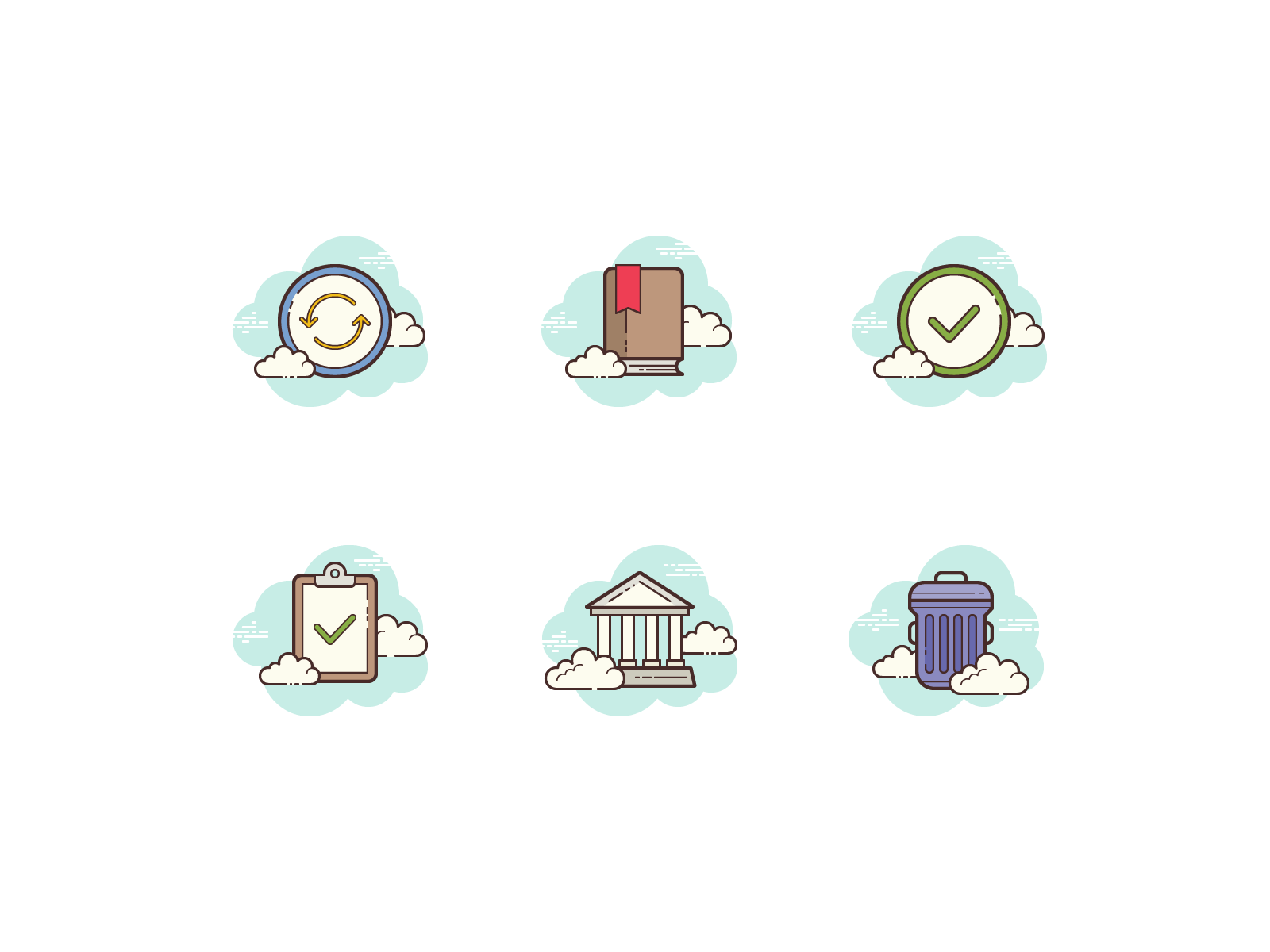 Clouds icons cloud clipboard check mark trash can museum check refresh bookmark illustration flat color icons8 ui icon set graphic design design digital art vector icons icon