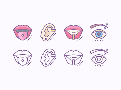 Cute Outline and Color Icons: Piercing beauty color design digital art ear earring eye eyebrow flat graphic design icon icon set icons lip piercing lips outline piercing stroke tongue piercing vector