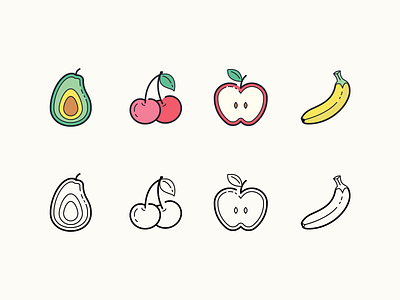 Hand Drawn icons: Fruits apple avocado banana cherry color design digital art flat food fruit fruits graphic design icon icon set icons icons8 outline stroke ui vector