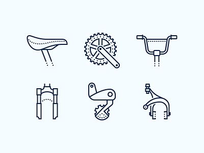 Dotted icons: Bike Parts bcycle fork bike bike derailleur bike parts bycicle design digital art dotted icons graphic design hadlebar icon icon set icons icons8 outline saddle spare parts stroke ui vector