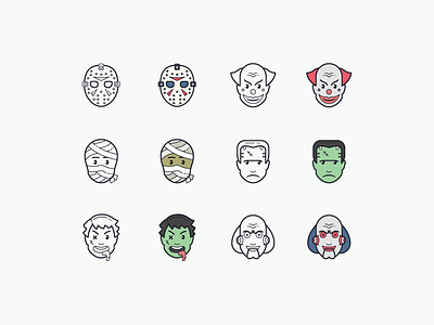 Hand Drawn icons: Halloween clown color design digital art frankenstein graphic design halloween icon icon set icons icons8 illustraion movie character mummy scary spooky vector zombie