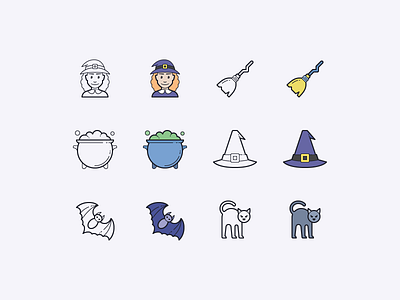Hand Drawn icons: Witchy Stuff bat black cat broomstick cauldron color design digital art graphic design icon icon set icons icons8 illustration outline potion ui vector witch witches hat