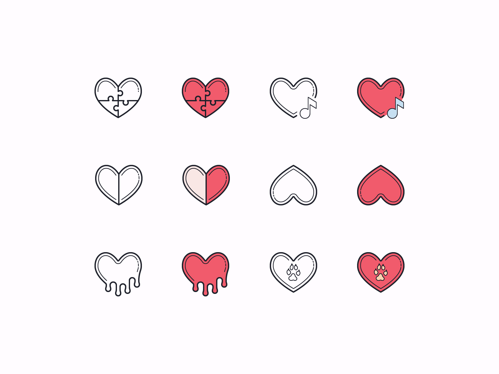 Hand Drawn icons: Hearts design digital art dog paw print graphic design heart hearts icon icon set icons icons8 like outline pets puzzle ui vector