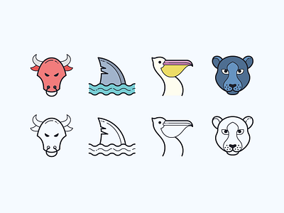 Hand Drawn icons: Animals animal animal care bull color color icons design digital art graphic design icon icon set icons icons8 outline panthere pelican sea shark ui vector wildlife