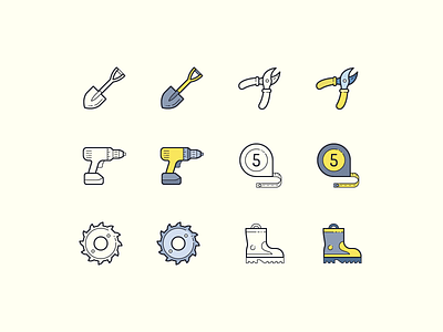 Hand Drawn icons: DIY color design digital art diy drill fireman boots garden shears graphic design hand drawn icon icon set icons icons8 outline saw blade spade tape measure ui vector