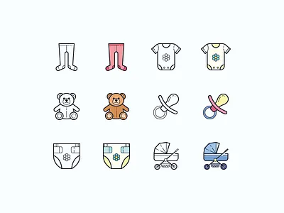 Hand Drawn icons: Baby icons baby baby app color design diaper digital art graphic design icon icon set icons icons8 nappy onesie outline pacifier stroller teddy bear tights ui vector