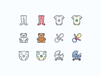 Hand Drawn icons: Baby icons baby baby app color design diaper digital art graphic design icon icon set icons icons8 nappy onesie outline pacifier stroller teddy bear tights ui vector