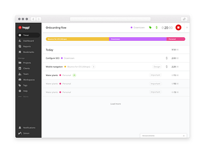 Toggl Running Timer app chart rows sidebar web