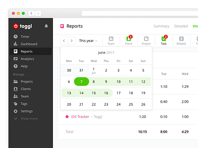 Date Switcher sidebar time toggl tracker ui web