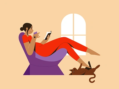 Sunday Vibe armchair art book cat drawing drinking girl illustration kitty read relaxing tea woman