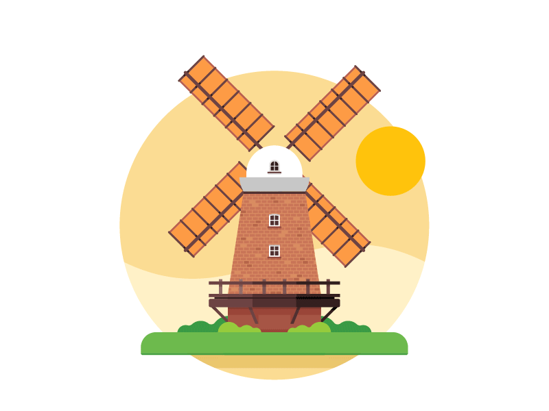 Windmill animation brick building energy flat green illustration motion graphic sun vector wind windmill