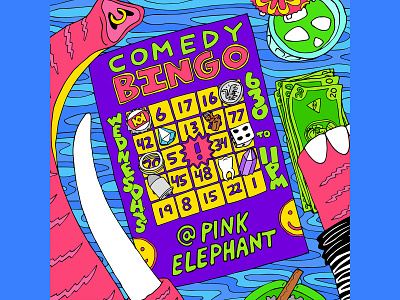comedy bingo poster art color design fun hand drawn houston illustration poster typography