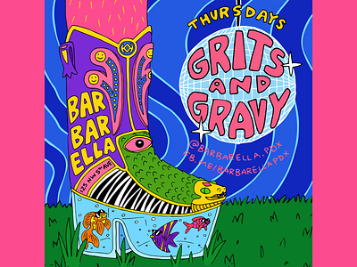 Barbarella Grits and Gravy art color design flyer flyer artwork fun funky hand drawn illustration poster poster art poster design typography western