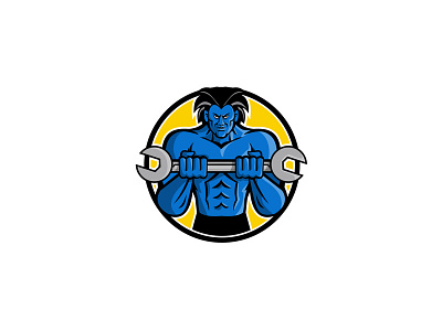 Blue Muscular Monster Wrench Mascot blue blue monster bodybuilder icon mascot mechanic mechanical monster muscular spanner tool wrench
