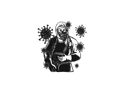 Coronavirus With Doctor Wearing Protective Suit Woodcut cartoon coronavirus doctor flu medical worker novel pandemic protective suit virus woodcut