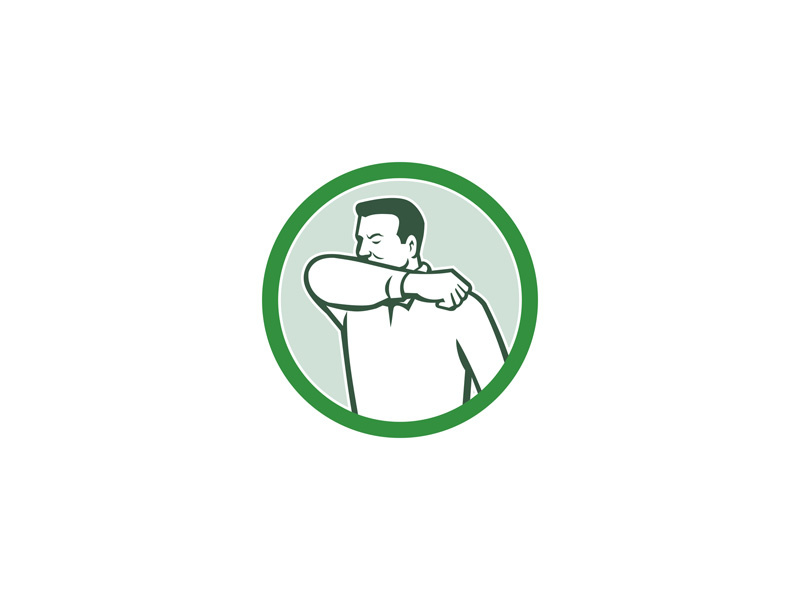 Sneezing or Coughing Into Elbow Icon Circle Retro pandemic influenza flu man cough etiquette infection virus elbow coughing sneezing retro icon