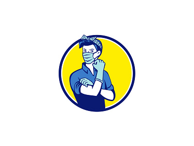Rosie The Riveter Wearing Mask Circle Mascot essential worker flexing healthcare worker mascot mask medical professional muscle surgical mask we can do it