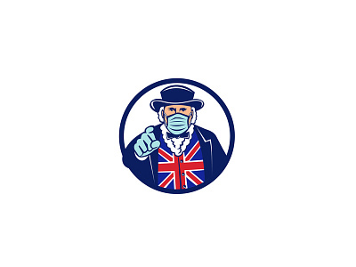 John Bull Wearing Surgical Mask Pointing Mascot briton john bull mascot mask pointing protective personal equipment surgical mask