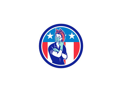 Rosie The Riveter Wearing Mask USA Flag Mascot essential worker flexing healthcare worker mascot mask medical professional muscle surgical mask we can do it