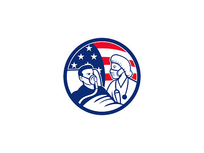 Nurse Caring For COVID-19 Patient USA Flag Circle Icon Retro contagious coronavirus doctor healthcare professional icon infectious mask nurse surgical mask